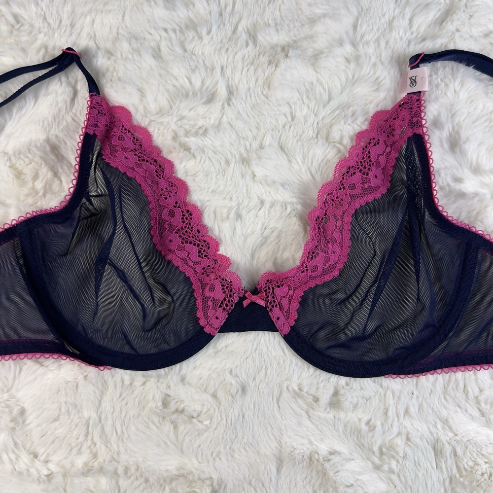 Victoria's Secret Tease Unlined Demi Bra Dark Blue Mesh Sheer Fuchsia Lace 36D